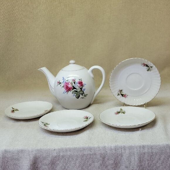 Vintage Fred Roberts Company Floral Porcelain Teapot 4 Saucers - Picture 1 of 9